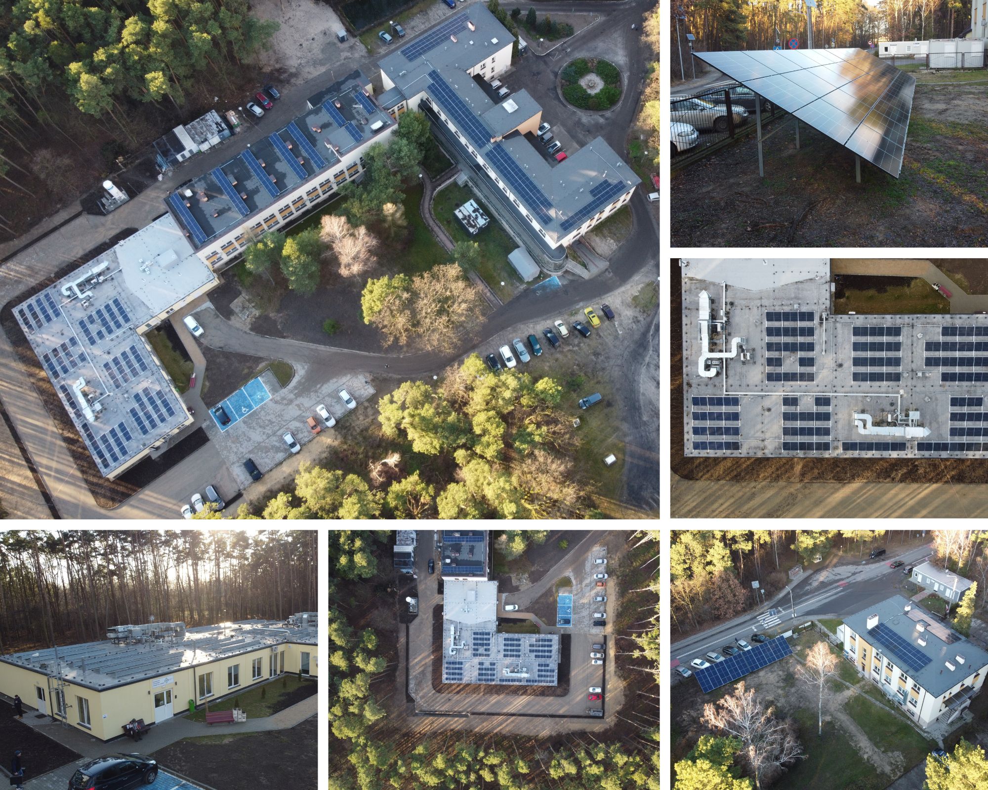 kolaż zdjęć szpitala wykonanych dronem na których prezentowane są panele fotowoltaiczne zamontowane na dachach budynków szpitala