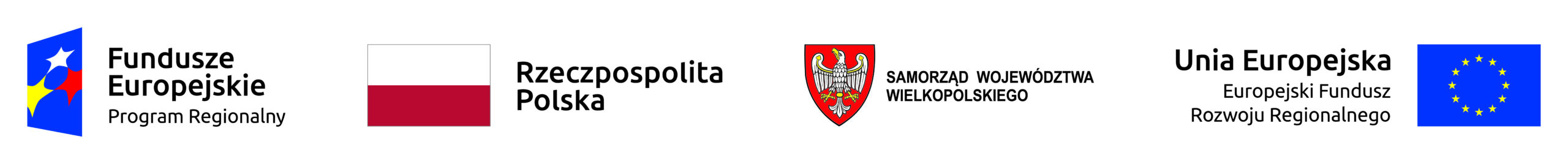 zestaw logotypów od lewej logotyp Fundusze Europejskie, flaga Rzeczpospolitej Polskiej, herb województwa wielkopolskiego przedstawiający orła białego na czerwonym tle i flaga unii europejskiej