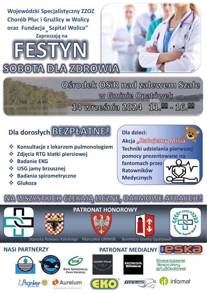 zaproszenie na Piknik Zdrowotny 14 września na małej plaży przy ośrodku w Szałem. W programie mędzy innymi badanie klatki piersiowej rtg, badania spirometryczne i konsultacje z lekarzem