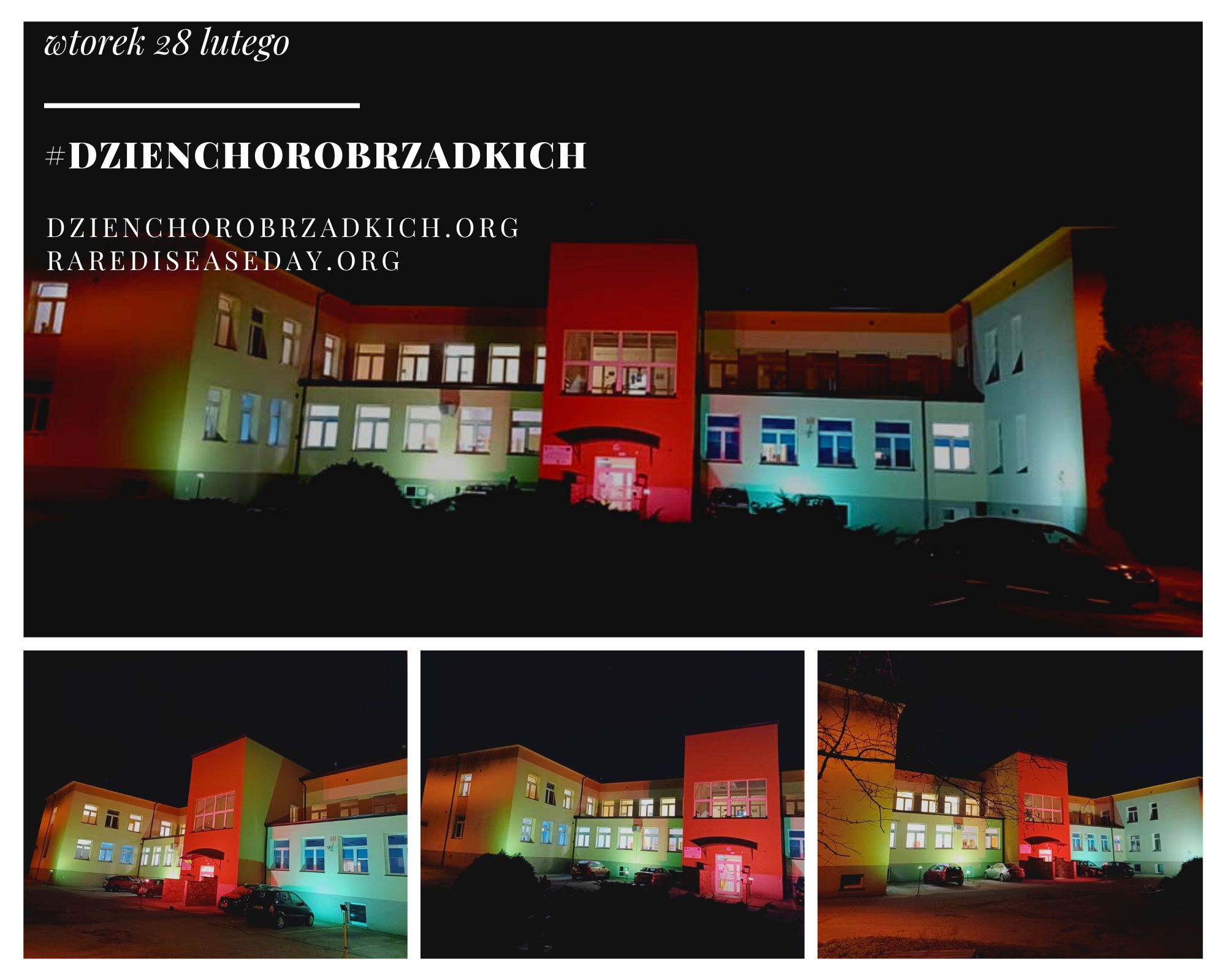 elewacja budynku szpitala podświetlona na zielono i czerwono z okazji dnia chorób rzadkich